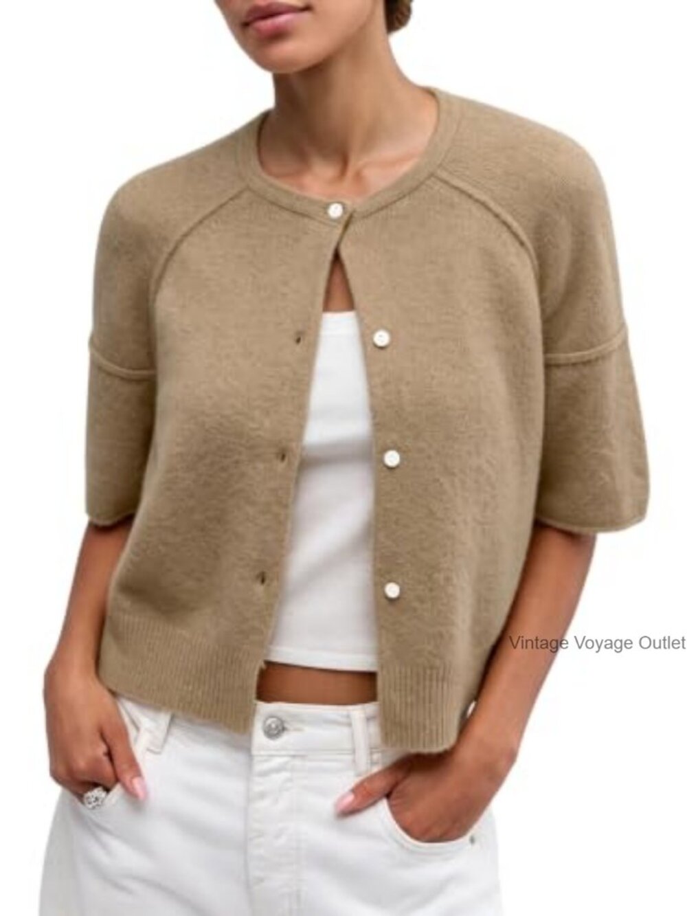 Short Sleeve Button Down Cardigan Sweater Loose Fit Crew Neck Lightweight Casual - Picture 1 of 6